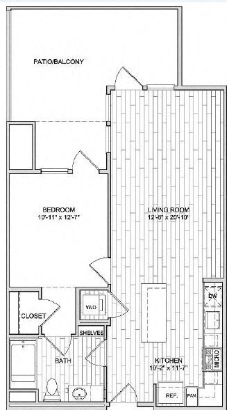 Floor plan for 1 bed, 1 bath, 779 sqft